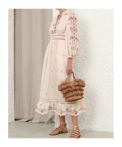 Zimmermann Patience Floral Linen Midi Dress In Neutral