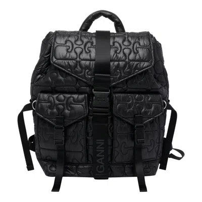 Ganni Quilted Backpack With Buckle Closure And Adjustable Straps In Black