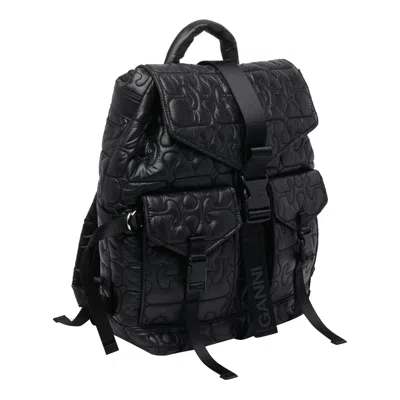 Ganni Quilted Backpack With Buckle Closure And Adjustable Straps In Black