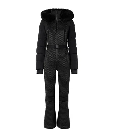 Mackage Lorelle Belted Hooded Plush-trimmed Quilted Padded Down Ski Suit In Black