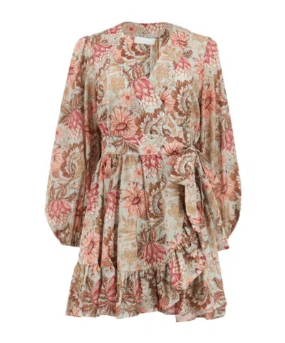 Zimmermann Daylight Mini Wrap Frill Dress Stamp Floral Sage In Brown