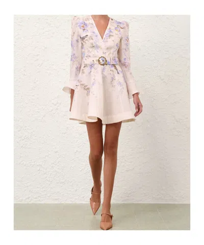 Zimmermann Kindred Spirit Luna Long Sleeve Linen Minidress In Multi