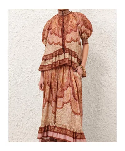 Zimmermann Tapestry-print Burgundy Silk Habotai Wanderlust Blouse In Brown