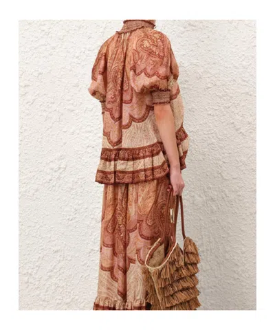 Zimmermann Tapestry-print Burgundy Silk Habotai Wanderlust Blouse In Brown