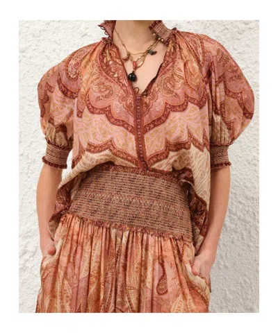 Zimmermann Tapestry-print Burgundy Silk Habotai Wanderlust Blouse In Brown