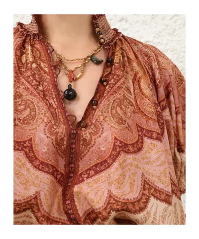 Zimmermann Tapestry-print Burgundy Silk Habotai Wanderlust Blouse In Brown