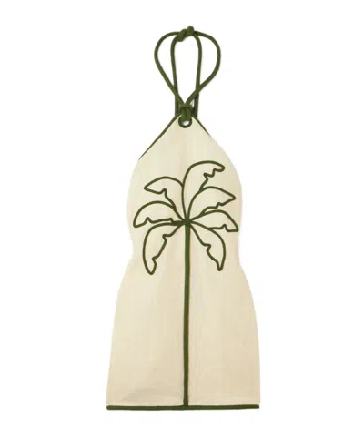 Farm Rio Sand Coconut Embroidery Halter Neck Euroflax Premium Linen Mini Dress In White