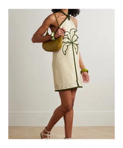 Farm Rio Sand Coconut Embroidery Halter Neck Euroflax Premium Linen Mini Dress In White