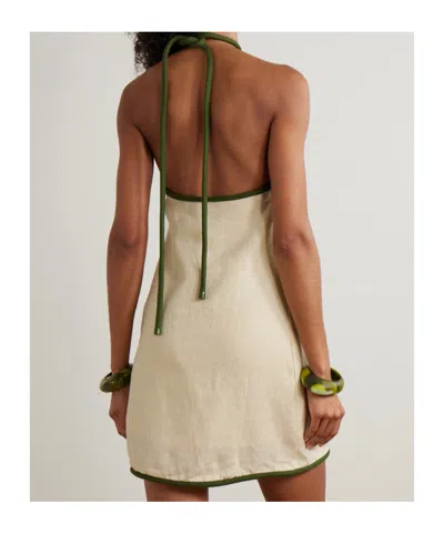 Farm Rio Sand Coconut Embroidery Halter Neck Euroflax Premium Linen Mini Dress In White