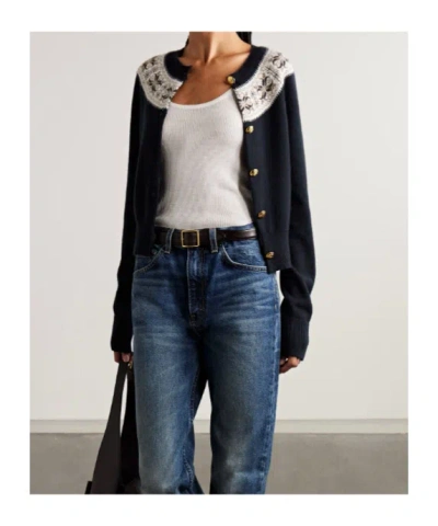 Nili Lotan Josefa Cashmere Cardigan Dark Navy Fair Isle In Black