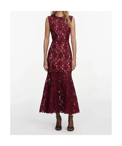 Self-portrait Fitted Guipure Lace Midi Dress With Removable Belt In Red