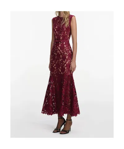 Self-portrait Fitted Guipure Lace Midi Dress With Removable Belt In Red