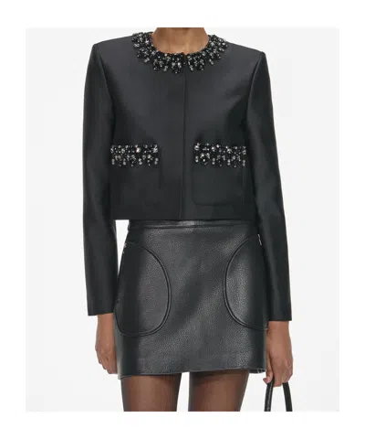 Self-portrait Black Taffeta Embellished Trim Jacket In Black