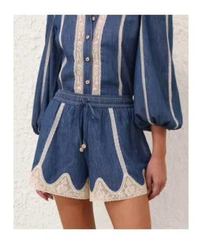 Zimmermann Awaken Lace-trimmed Denim Shorts In Blue