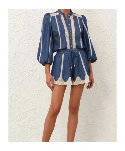 Zimmermann Awaken Lace-trimmed Denim Shorts In Blue