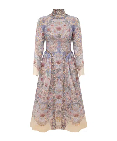 Zimmermann Womens Blue Floral Rebellion Beaded Linen And Silk Midi Dress Xs In Blue