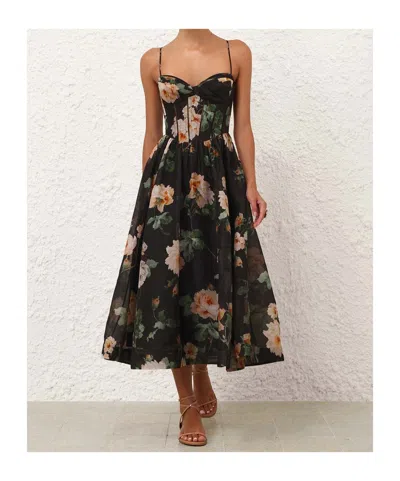 Zimmermann Luna Floral-print Linen And Silk-blend Midi Dress In Black