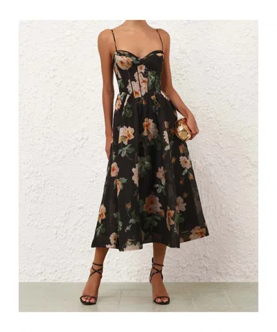 Zimmermann Luna Floral-print Linen And Silk-blend Midi Dress In Black