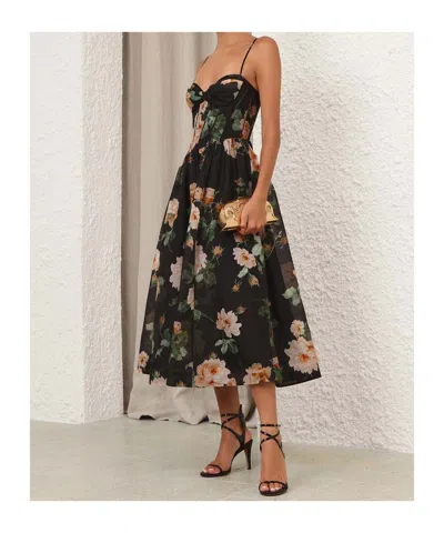 Zimmermann Luna Floral-print Linen And Silk-blend Midi Dress In Black