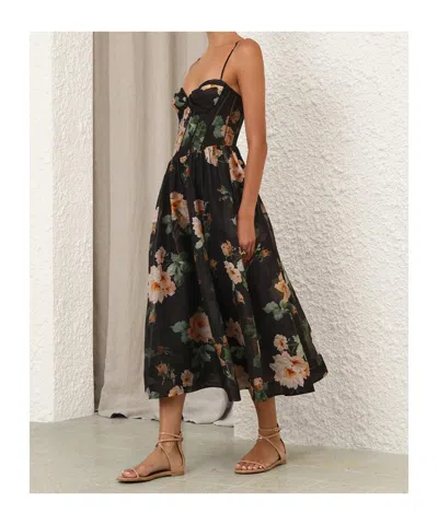 Zimmermann Luna Floral-print Linen And Silk-blend Midi Dress In Black