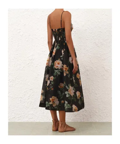 Zimmermann Luna Floral-print Linen And Silk-blend Midi Dress In Black