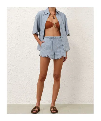 Zimmermann Daylight Scalloped Broderie Anglaise Denim Shorts In Blue