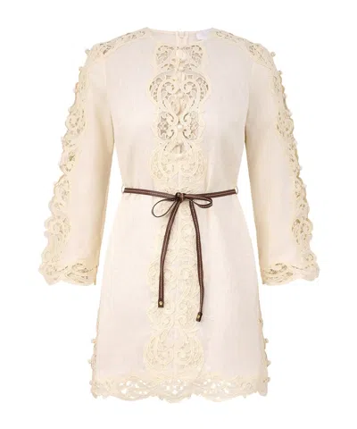Zimmermann Awaken Long Sleeve Lace Trim Linen Minidress In Multi