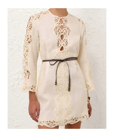 Zimmermann Awaken Long Sleeve Lace Trim Linen Minidress In Multi