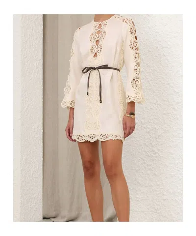 Zimmermann Awaken Long Sleeve Lace Trim Linen Minidress In Multi
