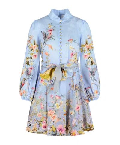 Zimmermann Rebellion Multicolor Midi Dress With Bow Detail On The Front And All-over Floral Print In Linen Woma In Blue