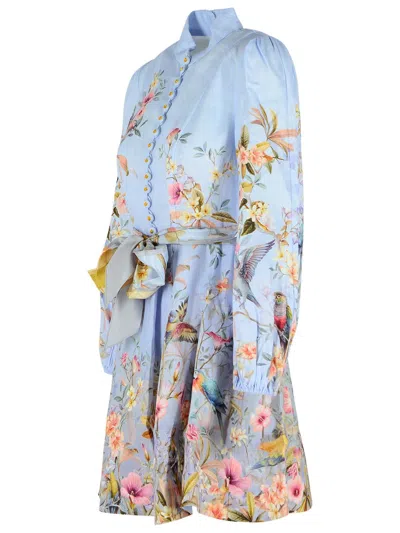 Zimmermann Rebellion Multicolor Midi Dress With Bow Detail On The Front And All-over Floral Print In Linen Woma In Blue