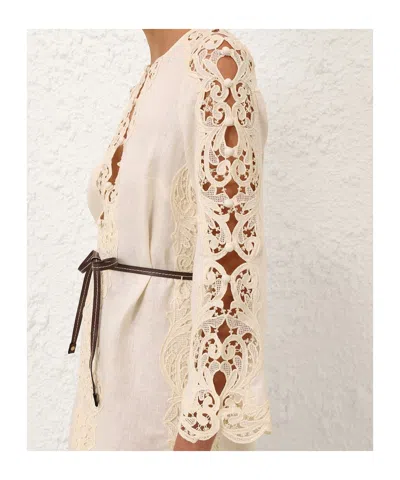 Zimmermann Awaken Long Sleeve Lace Trim Linen Minidress In Multi