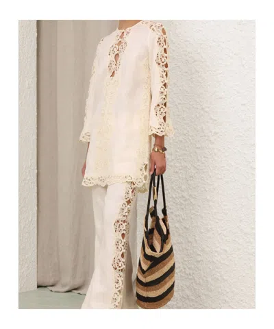 Zimmermann Awaken Long Sleeve Lace Trim Linen Minidress In Multi