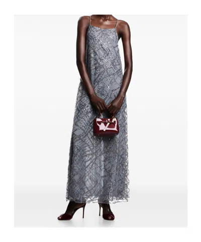 Emporio Armani Long Tulle Dress With All-over Micro-sequin And Jet Embroidery In Gray