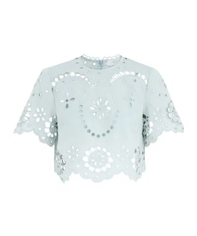Zimmermann Cropped Linen Top With Scalloped Embroidery In Blue