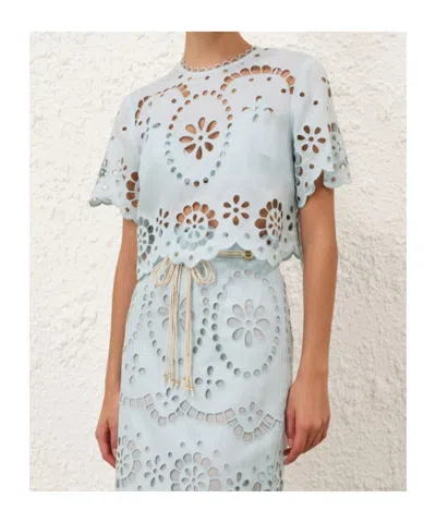 Zimmermann Cropped Linen Top With Scalloped Embroidery In Blue