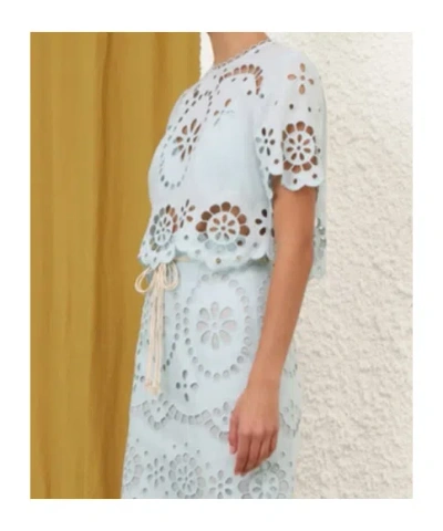 Zimmermann Cropped Linen Top With Scalloped Embroidery In Blue