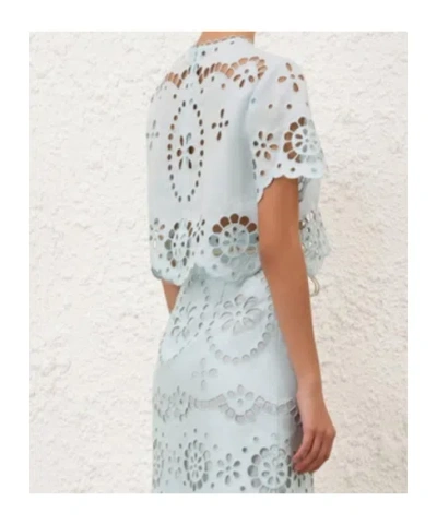 Zimmermann Cropped Linen Top With Scalloped Embroidery In Blue