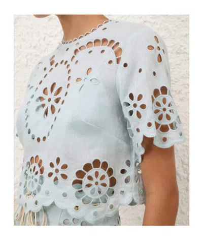 Zimmermann Cropped Linen Top With Scalloped Embroidery In Blue