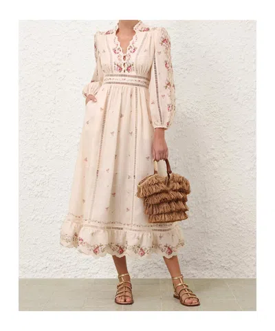 Zimmermann Patience Floral Linen Midi Dress In Neutral