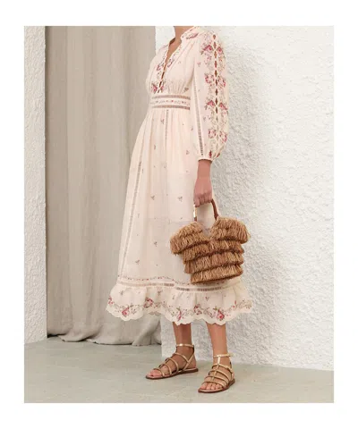 Zimmermann Patience Floral Linen Midi Dress In Neutral