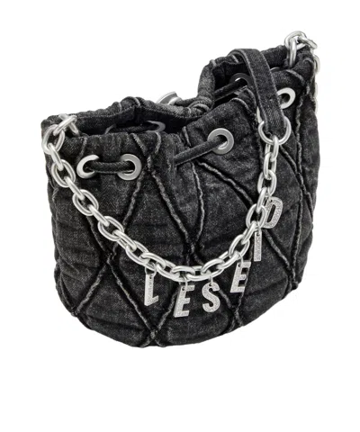 Diesel Charm-d S-mini Bucket Bag In Treated Quilted Denim In Black