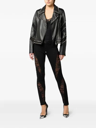 Philipp Plein Biker Jacket With Lace Inserts In Blue