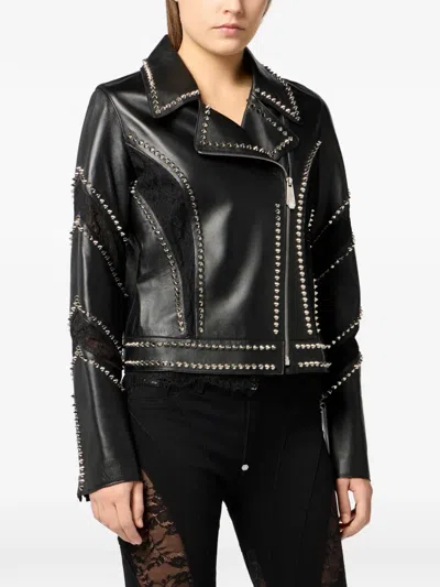 Philipp Plein Biker Jacket With Lace Inserts In Blue