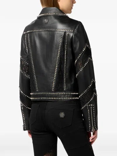 Philipp Plein Biker Jacket With Lace Inserts In Blue