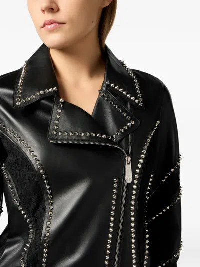 Philipp Plein Biker Jacket With Lace Inserts In Blue