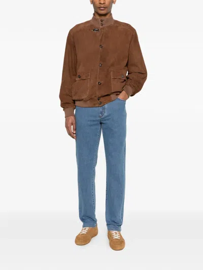 Fay Button-up Suede Jacket In Brown