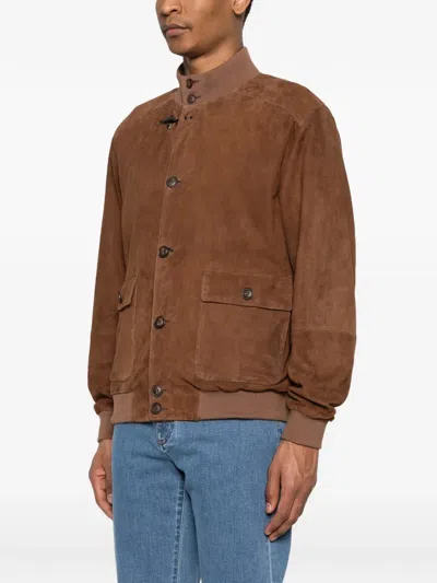 Fay Button-up Suede Jacket In Brown