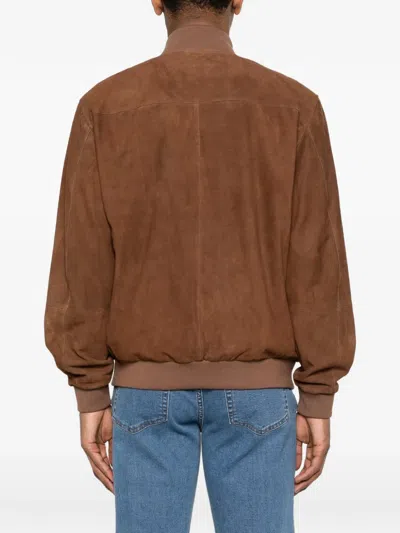 Fay Button-up Suede Jacket In Brown