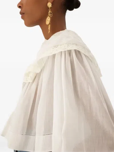 Chloé Milk Cotton Voile And Lace Ruffled Cropped Top In White
